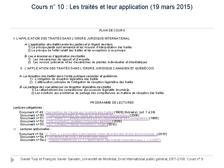Cours n° 10 : Les traités et leur application (19 mars 2015) PLAN DE