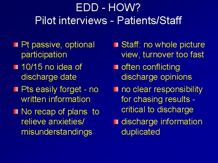 EDD - HOW? Pilot interviews - Patients/Staff Pt passive, optional participation 10/15 no idea