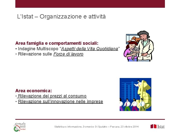 L’Istat – Organizzazione e attività Area famiglia e comportamenti sociali: • Indagine Multiscopo “Aspetti