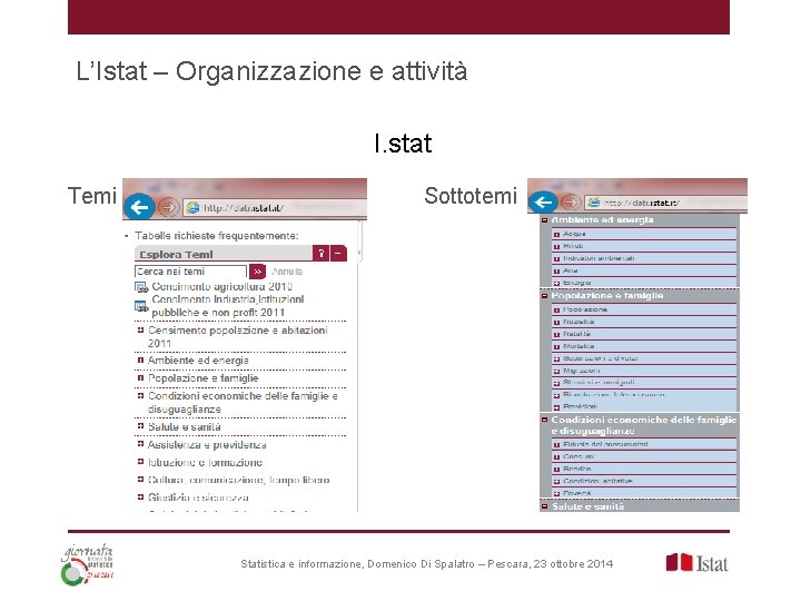L’Istat – Organizzazione e attività I. stat Temi Sottotemi Statistica e informazione, Domenico Di