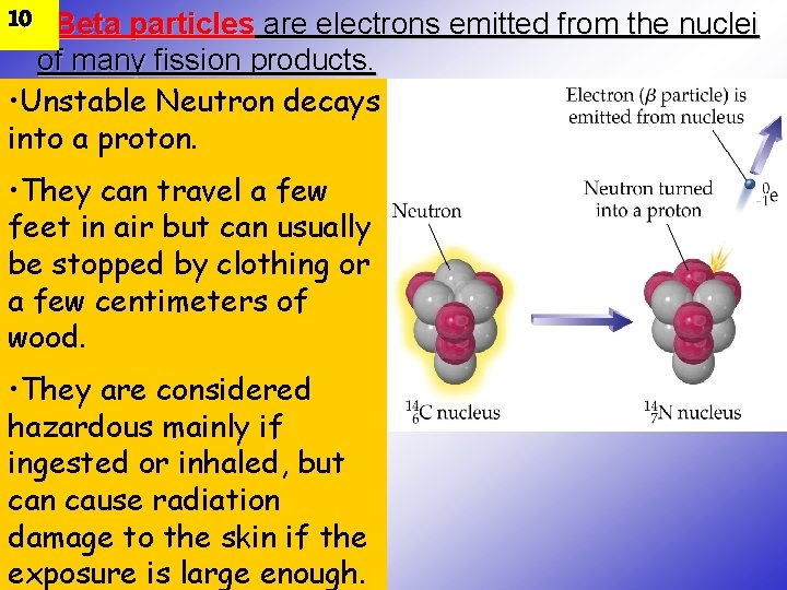 10 • Beta particles are electrons emitted from the nuclei of many fission products.