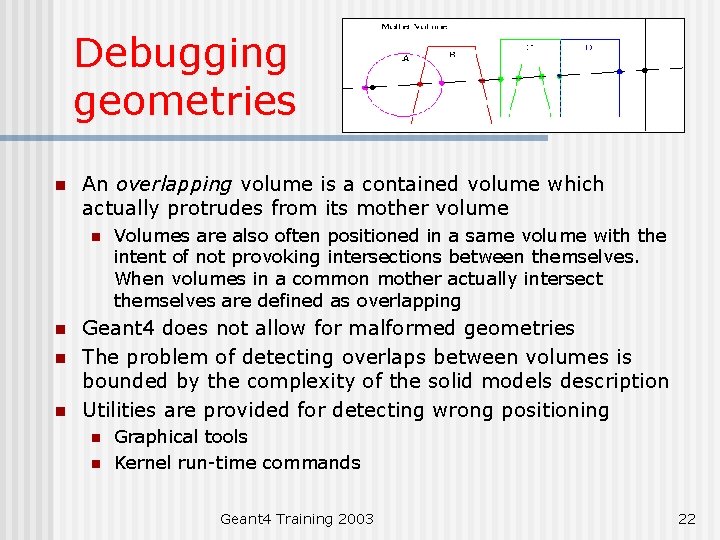 Debugging geometries n An overlapping volume is a contained volume which actually protrudes from