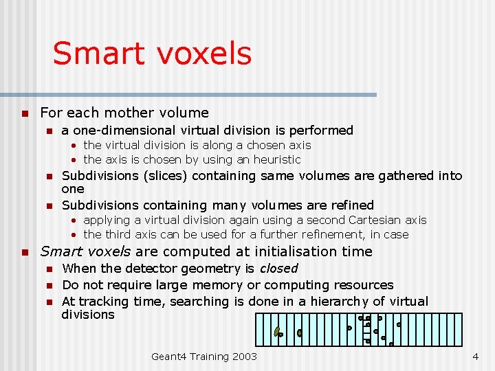 Smart voxels n For each mother volume n a one-dimensional virtual division is performed