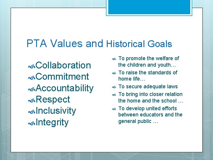 PTA Values and Historical Goals Collaboration Commitment Accountability Respect Inclusivity Integrity To promote the