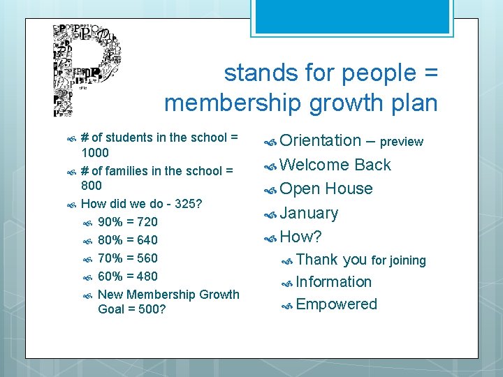 stands for people = membership growth plan # of students in the school =