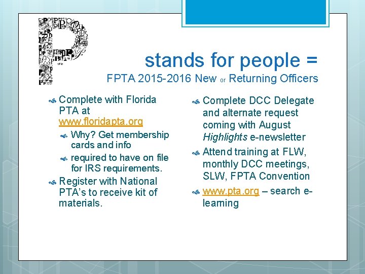 stands for people = FPTA 2015 -2016 New or Returning Officers Complete with Florida
