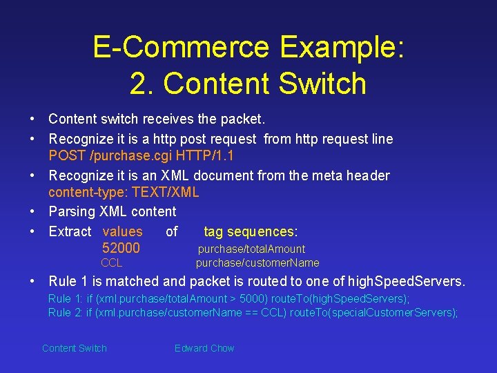 E-Commerce Example: 2. Content Switch • Content switch receives the packet. • Recognize it