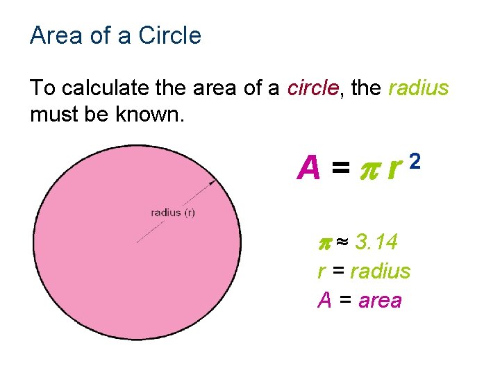 Area of a Circle To calculate the area of a circle, the radius must