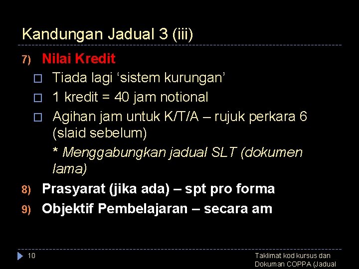 Kandungan Jadual 3 (iii) Nilai Kredit � Tiada lagi ‘sistem kurungan’ � 1 kredit