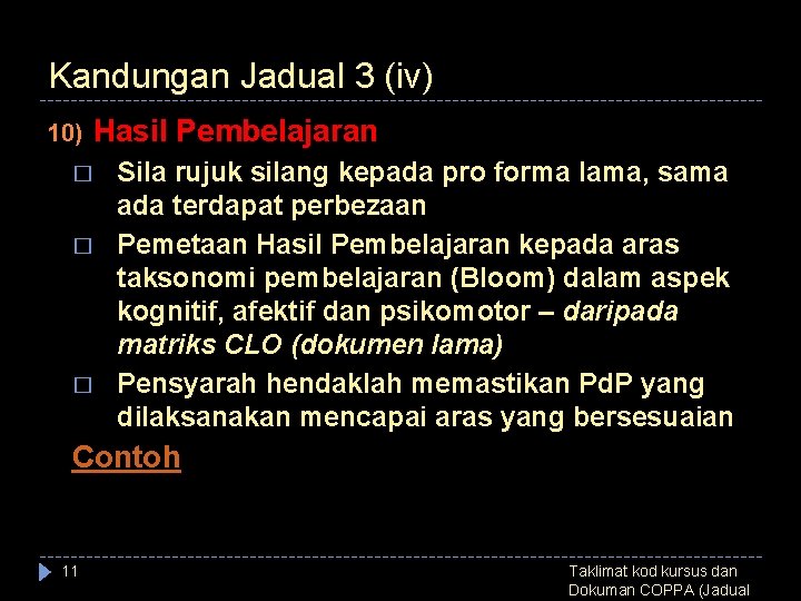 Kandungan Jadual 3 (iv) 10) Hasil Pembelajaran � � � Sila rujuk silang kepada