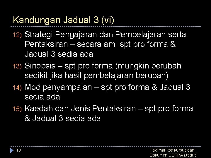 Kandungan Jadual 3 (vi) 12) 13) 14) 15) 13 Strategi Pengajaran dan Pembelajaran serta