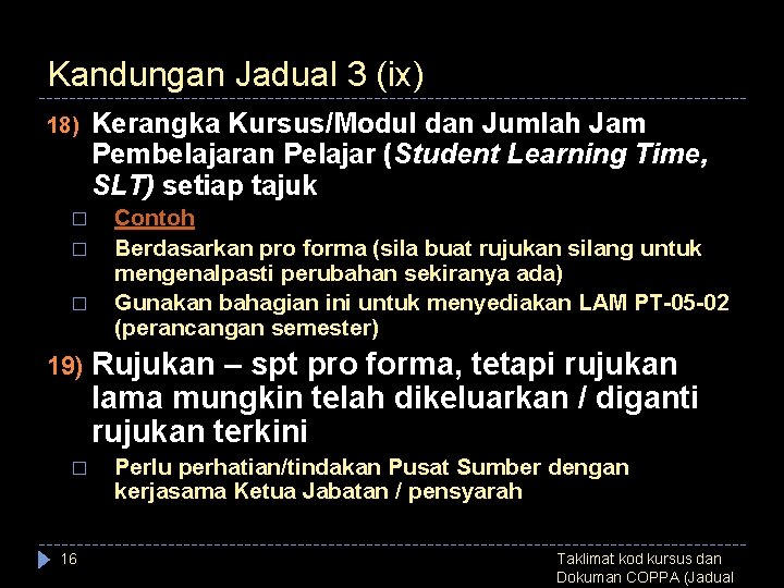 Kandungan Jadual 3 (ix) 18) � � � 19) � 16 Kerangka Kursus/Modul dan