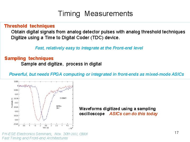 Timing Measurements Threshold techniques Obtain digital signals from analog detector pulses with analog threshold