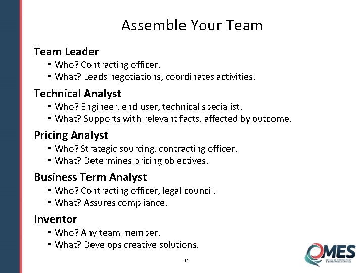 Assemble Your Team Leader • Who? Contracting officer. • What? Leads negotiations, coordinates activities.