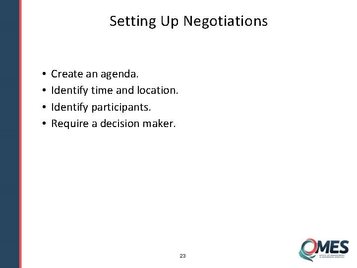 Setting Up Negotiations • • Create an agenda. Identify time and location. Identify participants.