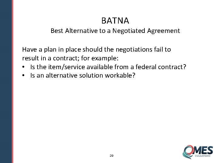 BATNA Best Alternative to a Negotiated Agreement Have a plan in place should the