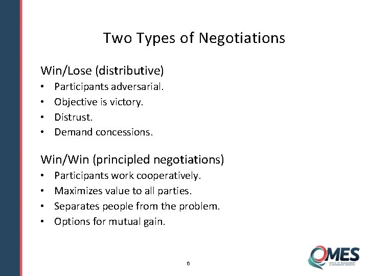 Two Types of Negotiations Win/Lose (distributive) • • Participants adversarial. Objective is victory. Distrust.