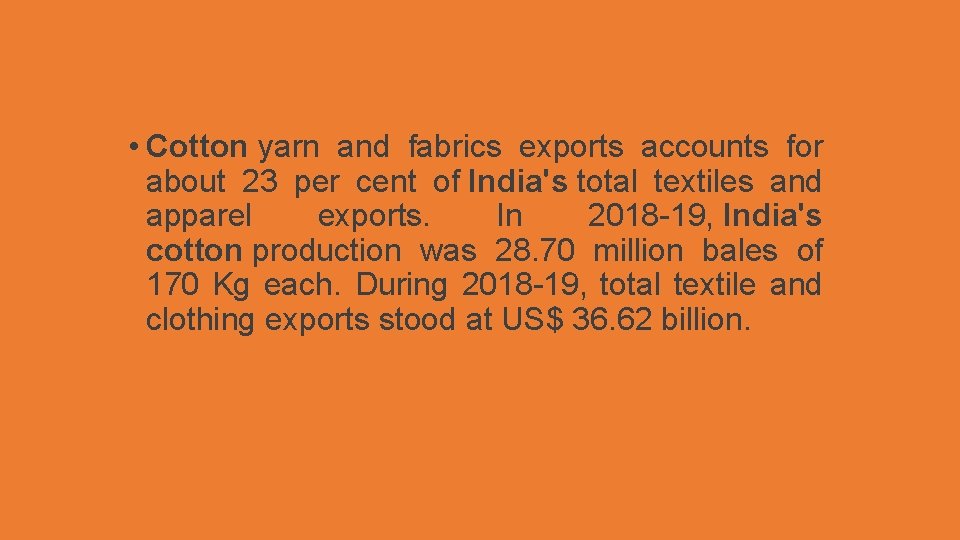  • Cotton yarn and fabrics exports accounts for about 23 per cent of