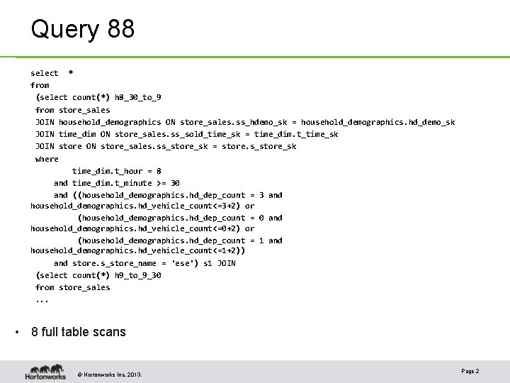 Query 88 select * from (select count(*) h 8_30_to_9 from store_sales JOIN household_demographics ON