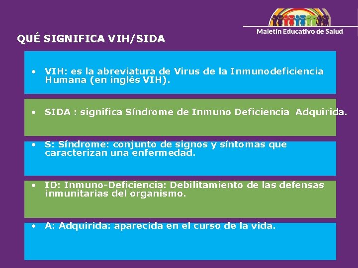 QUÉ SIGNIFICA VIH/SIDA • VIH: es la abreviatura de Virus de la Inmunodeficiencia Humana