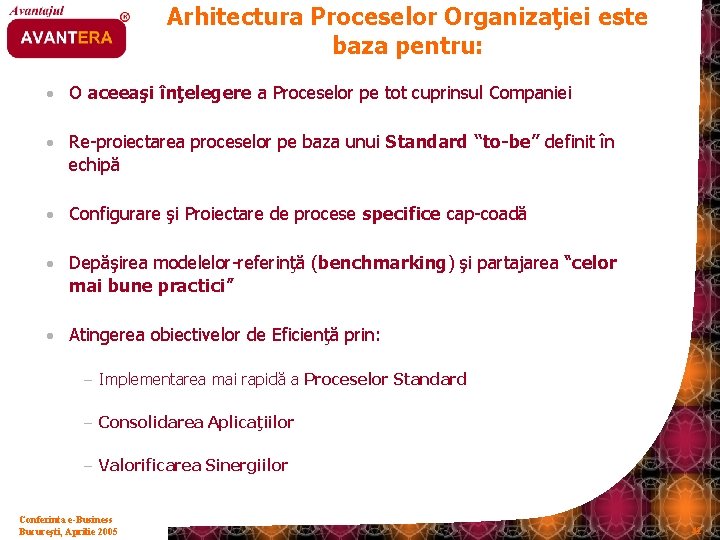 Arhitectura Proceselor Organizaţiei este baza pentru: • O aceeaşi înţelegere a Proceselor pe tot