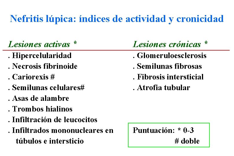 Nefritis lúpica: índices de actividad y cronicidad Lesiones activas * Lesiones crónicas * .