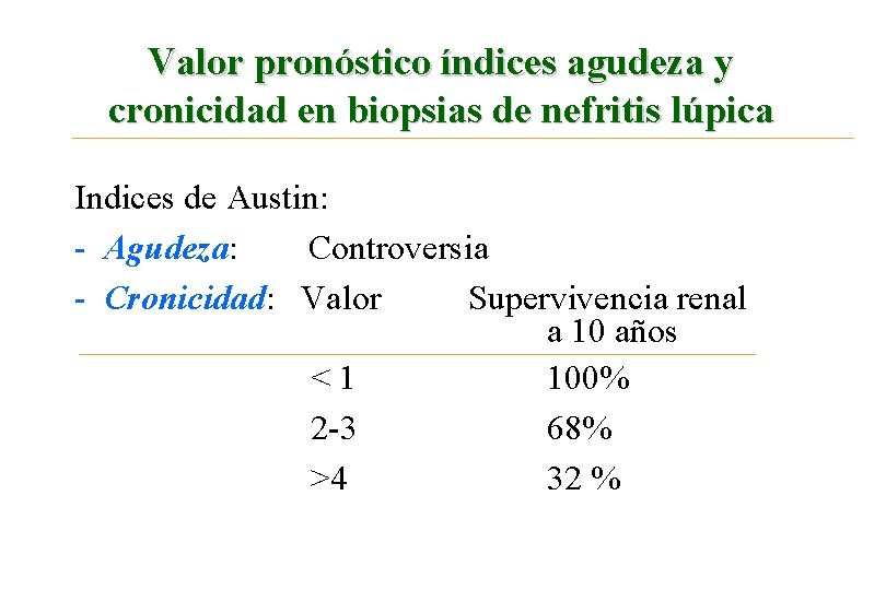 Valor pronóstico índices agudeza y cronicidad en biopsias de nefritis lúpica Indices de Austin: