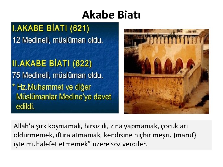 Akabe Biatı Allah’a şirk koşmamak, hırsızlık, zina yapmamak, çocukları öldürmemek, iftira atmamak, kendisine hiçbir