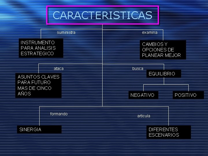 CARACTERISTICAS suministra INSTRUMENTO PARA ANALISIS ESTRATEGICO ataca ASUNTOS CLAVES PARA FUTURO MAS DE CINCO