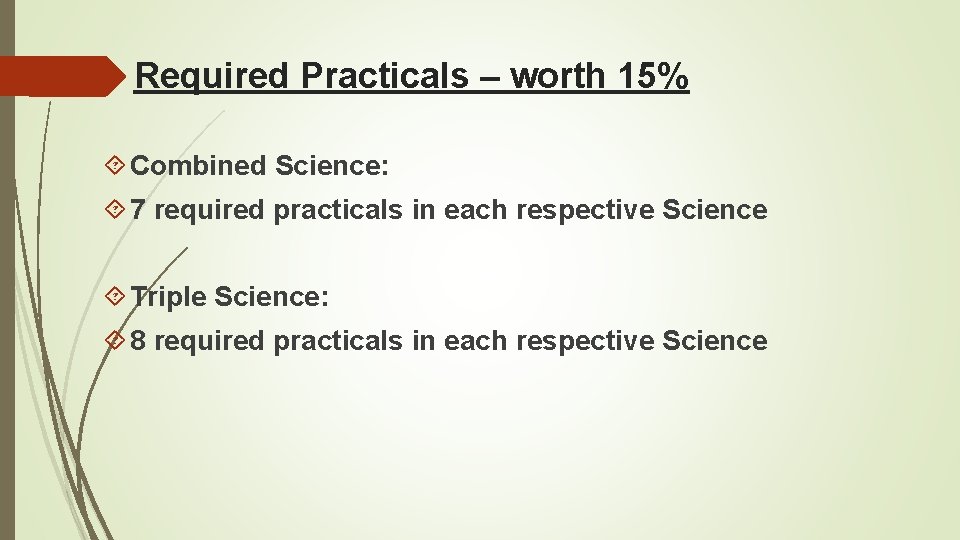 Required Practicals – worth 15% Combined Science: 7 required practicals in each respective Science