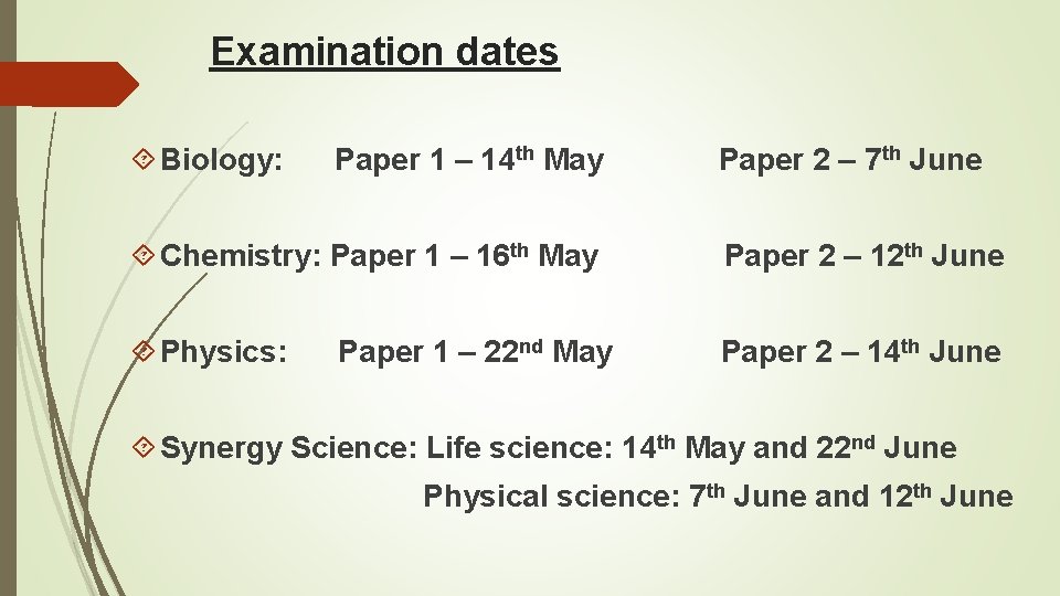 Examination dates Biology: Paper 1 – 14 th May Paper 2 – 7 th