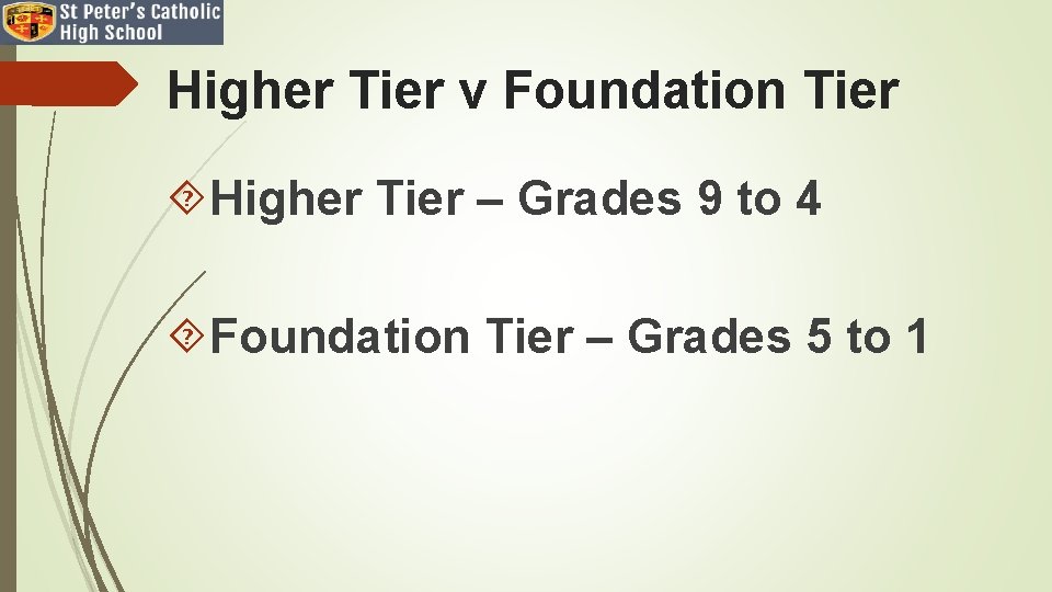 Higher Tier v Foundation Tier Higher Tier – Grades 9 to 4 Foundation Tier