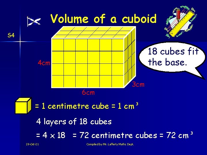 Volume of a cuboid S 4 18 cubes fit the base. 4 cm 6