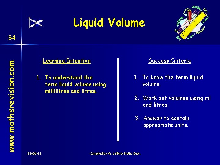 Liquid Volume www. mathsrevision. com S 4 Learning Intention 1. To understand the term