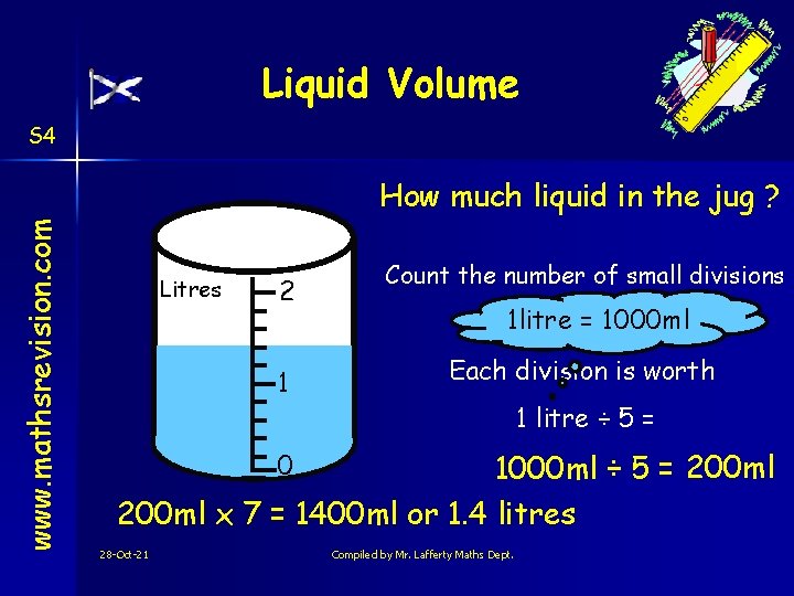 Liquid Volume S 4 www. mathsrevision. com How much liquid in the jug ?