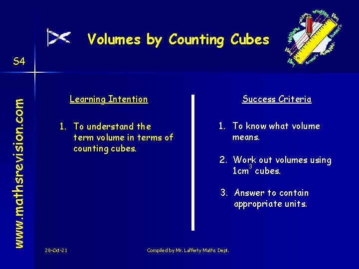 Volumes by Counting Cubes www. mathsrevision. com S 4 Learning Intention 1. To understand