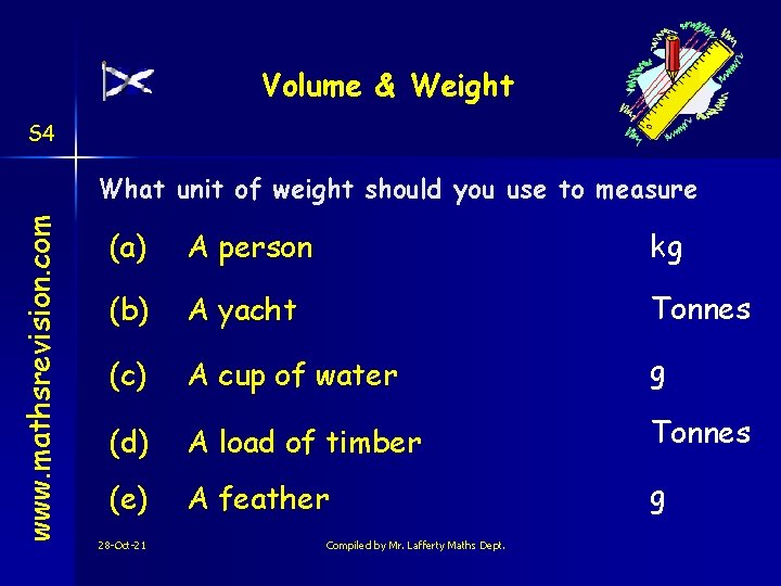 Volume & Weight S 4 www. mathsrevision. com What unit of weight should you