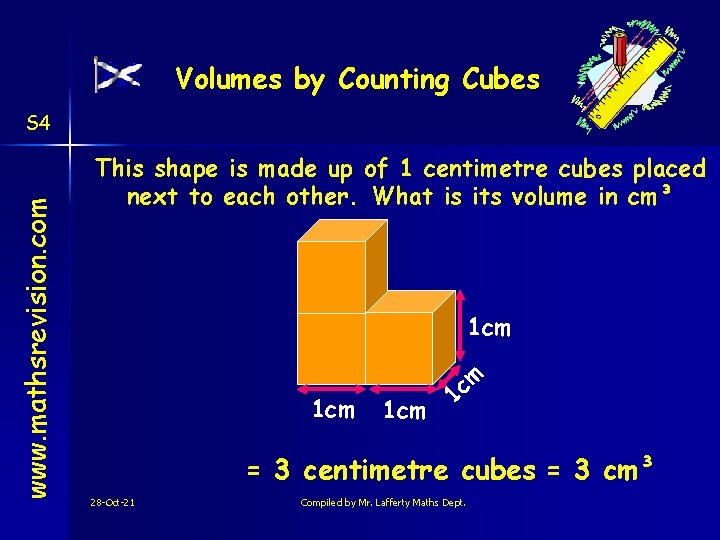 Volumes by Counting Cubes This shape is made up of 1 centimetre cubes placed