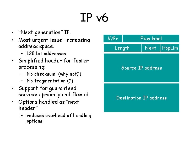 IP v 6 • “Next generation” IP. • Most urgent issue: increasing address space.