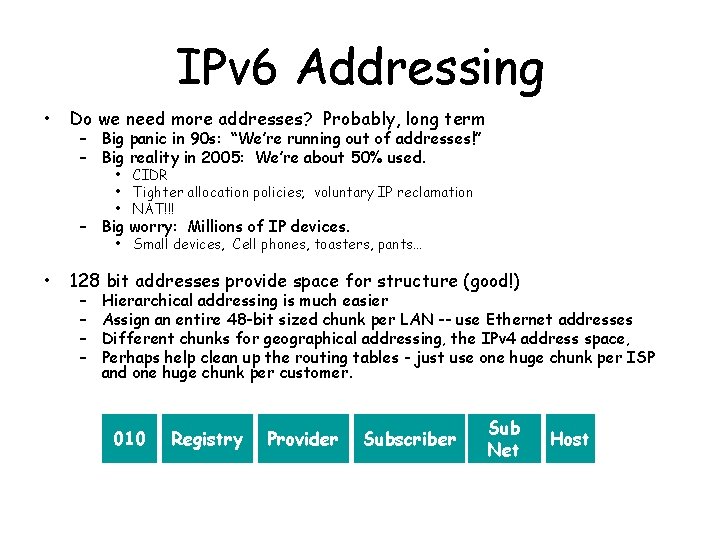 IPv 6 Addressing • Do we need more addresses? Probably, long term – Big