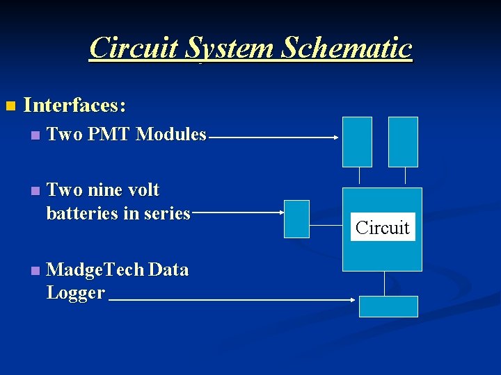 Circuit System Schematic n Interfaces: n Two PMT Modules n Two nine volt batteries