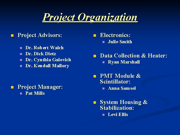 Project Organization n Project Advisors: n Electronics: n n n Dr. Robert Walch Dr.