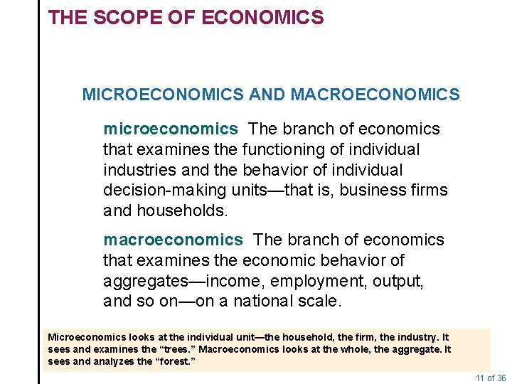THE SCOPE OF ECONOMICS MICROECONOMICS AND MACROECONOMICS microeconomics The branch of economics that examines