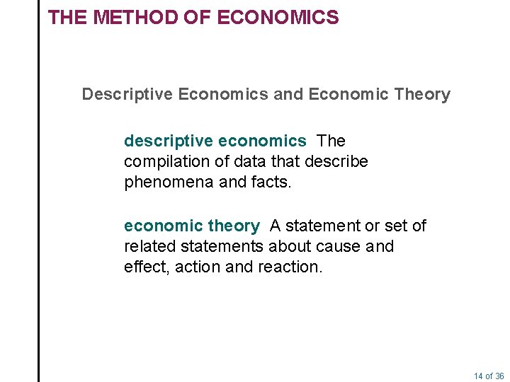 THE METHOD OF ECONOMICS Descriptive Economics and Economic Theory descriptive economics The compilation of