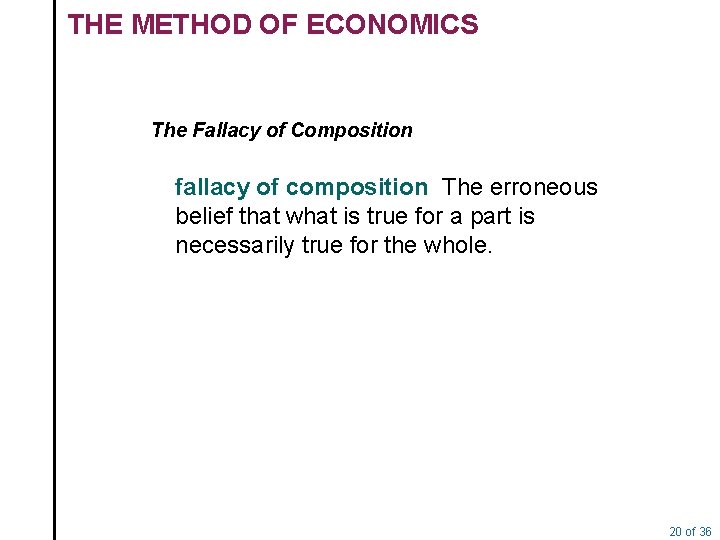 THE METHOD OF ECONOMICS The Fallacy of Composition fallacy of composition The erroneous belief