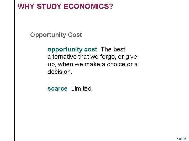 WHY STUDY ECONOMICS? Opportunity Cost opportunity cost The best alternative that we forgo, or