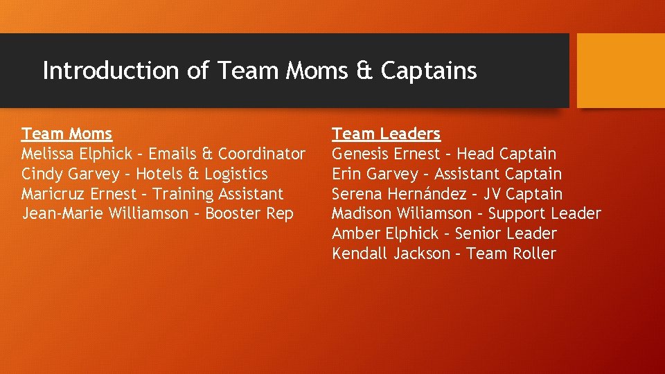 Introduction of Team Moms & Captains Team Moms Melissa Elphick – Emails & Coordinator