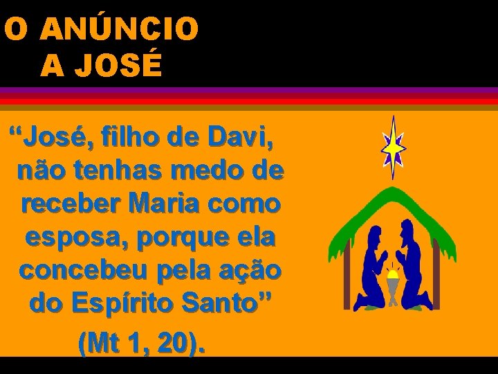 O ANÚNCIO A JOSÉ “José, filho de Davi, não tenhas medo de receber Maria