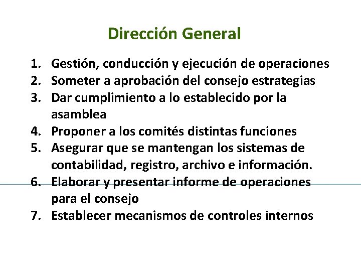 Dirección General 1. Gestión, conducción y ejecución de operaciones 2. Someter a aprobación del