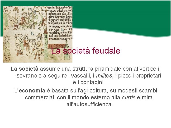 La società feudale La società assume una struttura piramidale con al vertice il sovrano